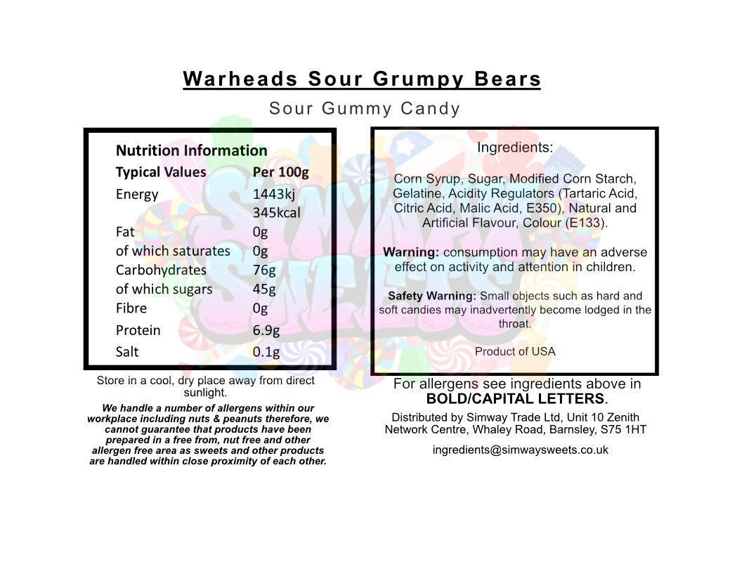 Warheads Sour Grumpy Bears Chewy Candy 99g